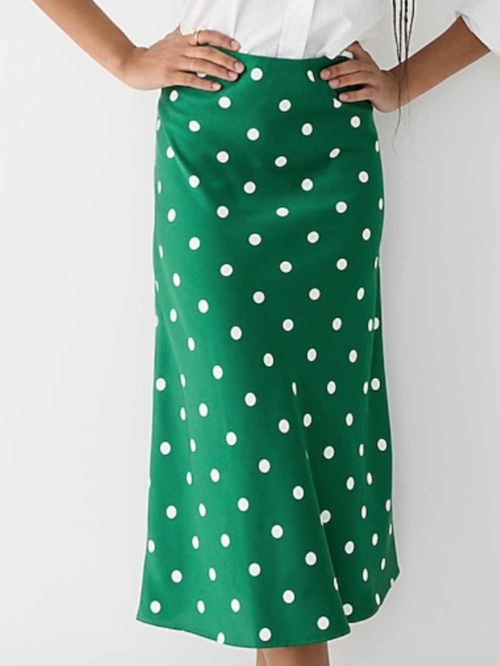 J Crew Gwyneth Satin Slip Skirt, Green with White Polka Dots - Size M